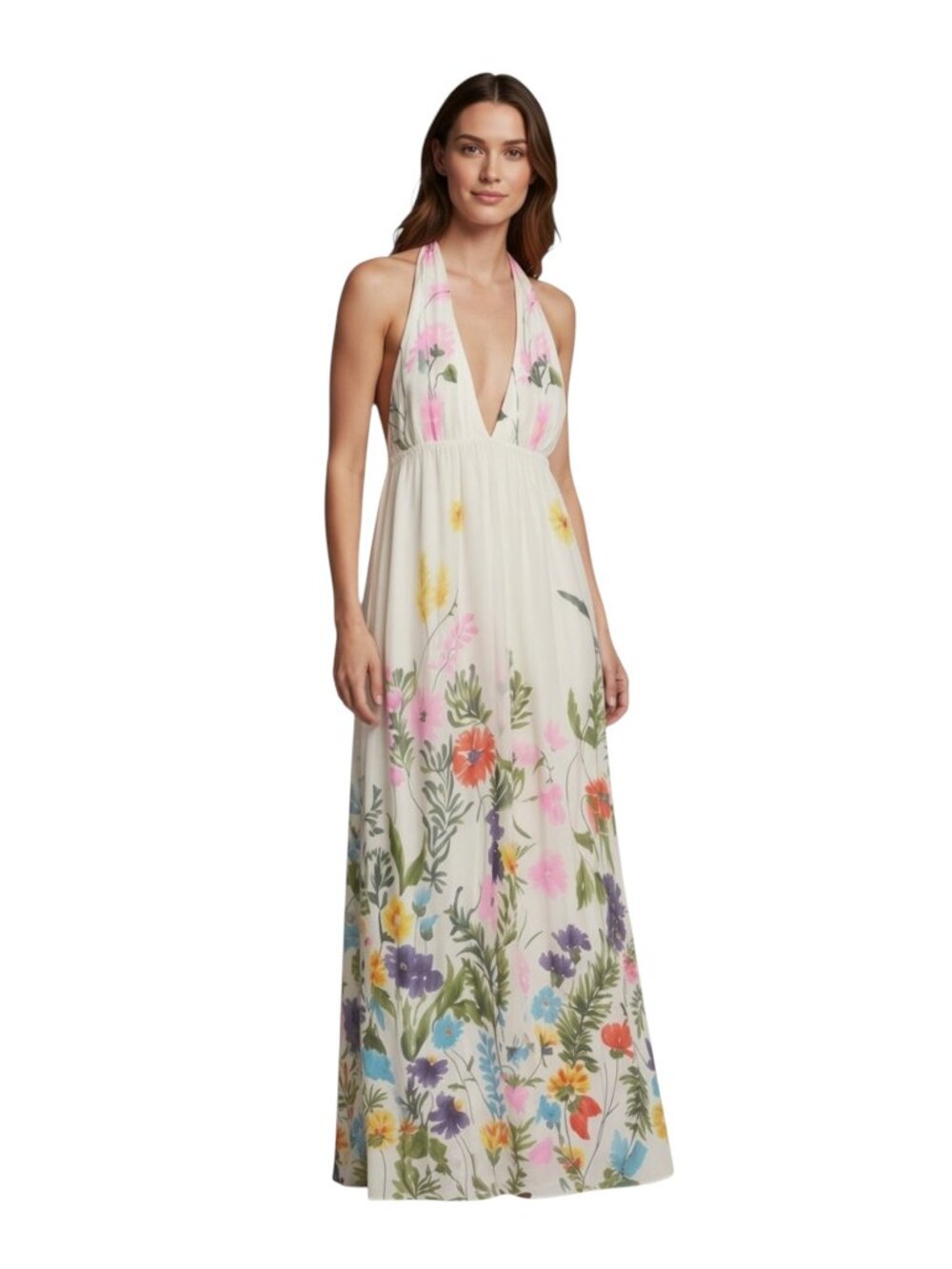 Alice and Olivia Silk White Floral Tie Neck Halter Maxi Dress